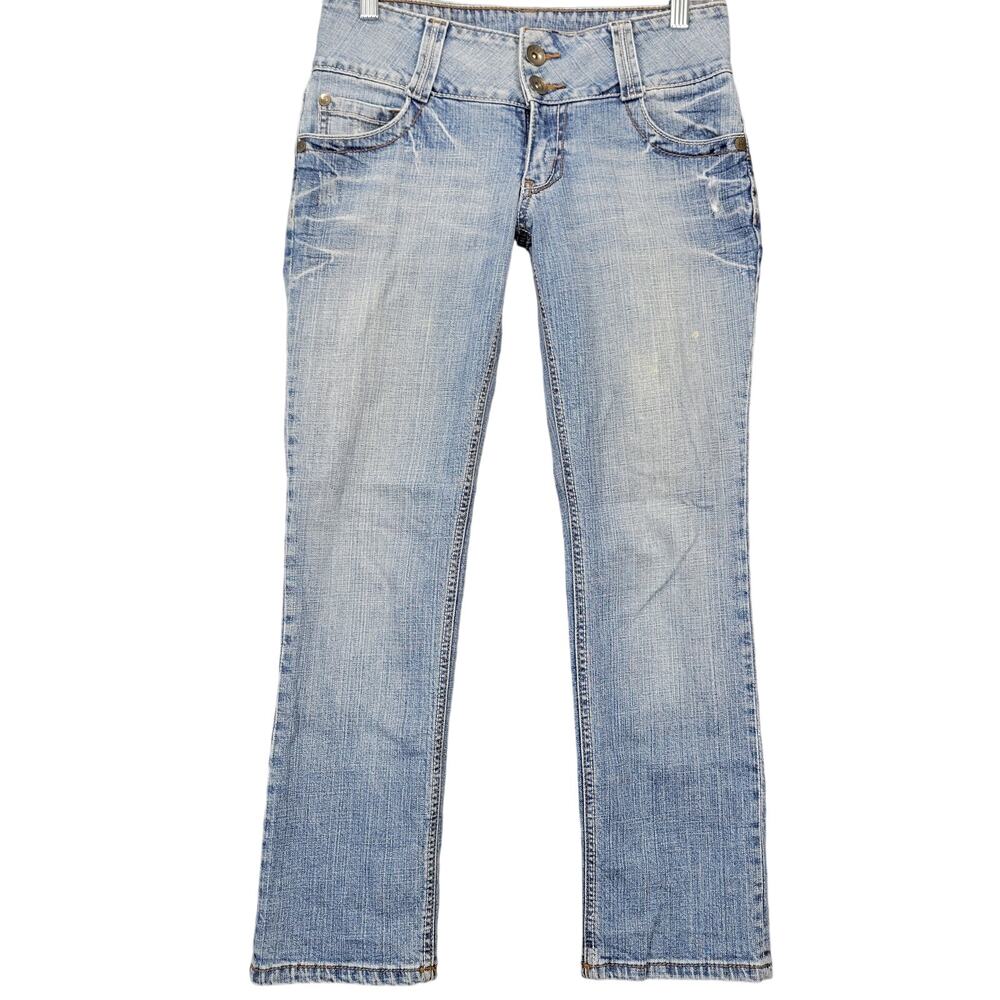 l.e.i Blue Jeans Stretch Y2k Grunge Straight Stonewash Zip Womens Size 5 Juniors